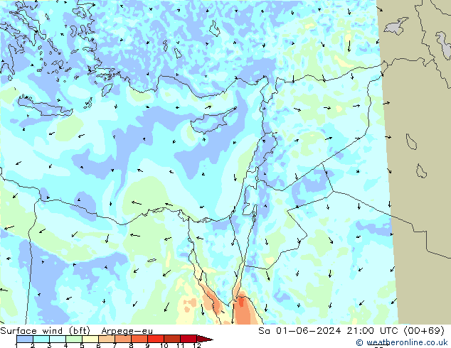 Surface wind (bft) Arpege-eu Sa 01.06.2024 21 UTC