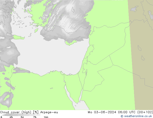 Cloud cover (high) Arpege-eu Mo 03.06.2024 06 UTC