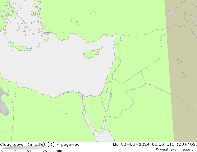 Cloud cover (middle) Arpege-eu Mo 03.06.2024 06 UTC