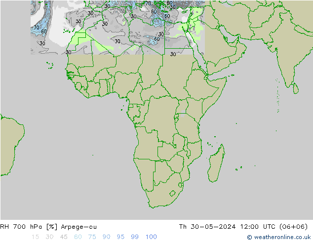 RH 700 hPa Arpege-eu czw. 30.05.2024 12 UTC