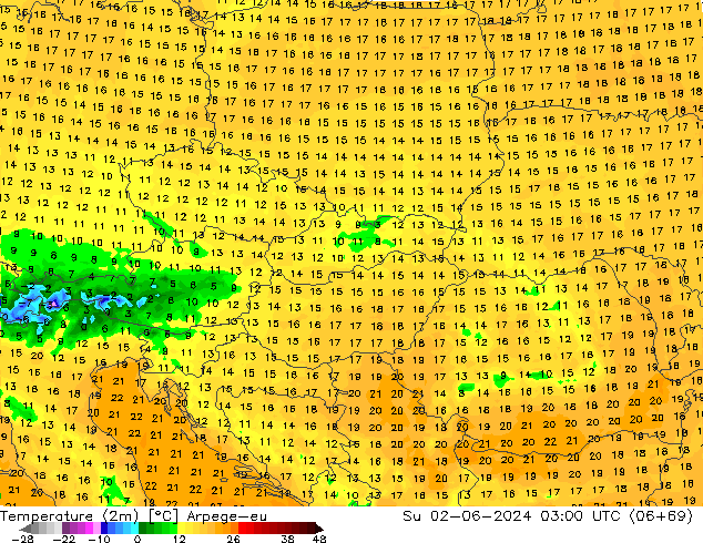 Temperatura (2m) Arpege-eu dom 02.06.2024 03 UTC