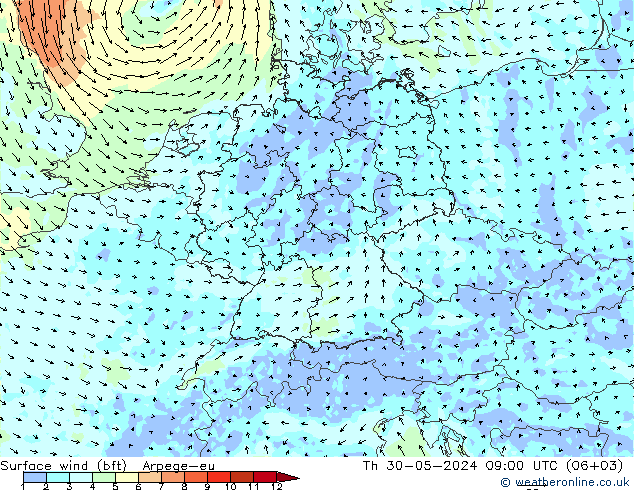 Vent 10 m (bft) Arpege-eu jeu 30.05.2024 09 UTC