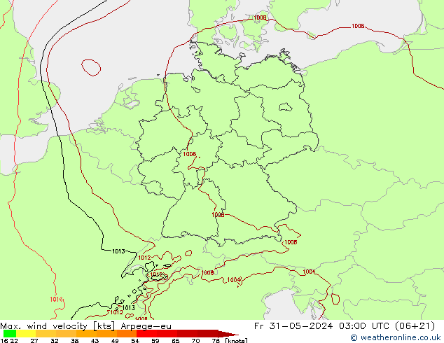 Max. wind velocity Arpege-eu пт 31.05.2024 03 UTC