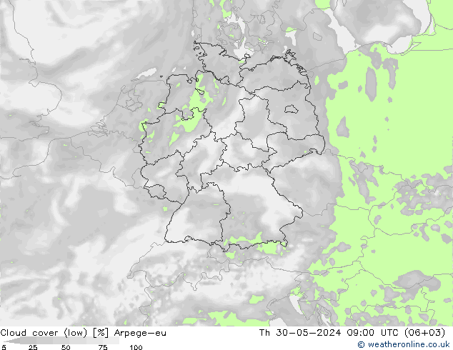 Cloud cover (low) Arpege-eu Th 30.05.2024 09 UTC