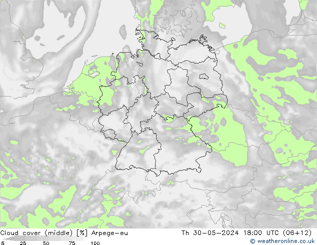 Cloud cover (middle) Arpege-eu Th 30.05.2024 18 UTC