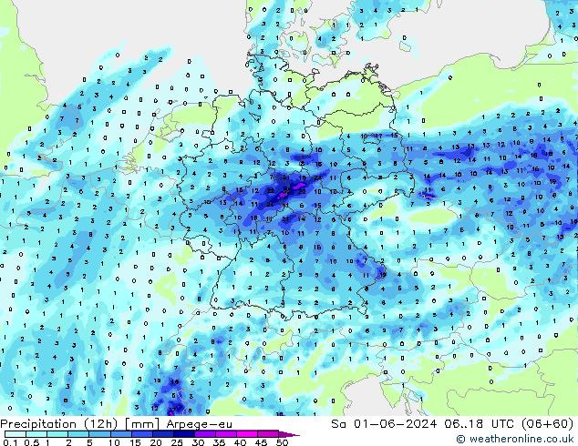 Precipitação (12h) Arpege-eu Sáb 01.06.2024 18 UTC