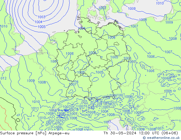 Pressione al suolo Arpege-eu gio 30.05.2024 12 UTC