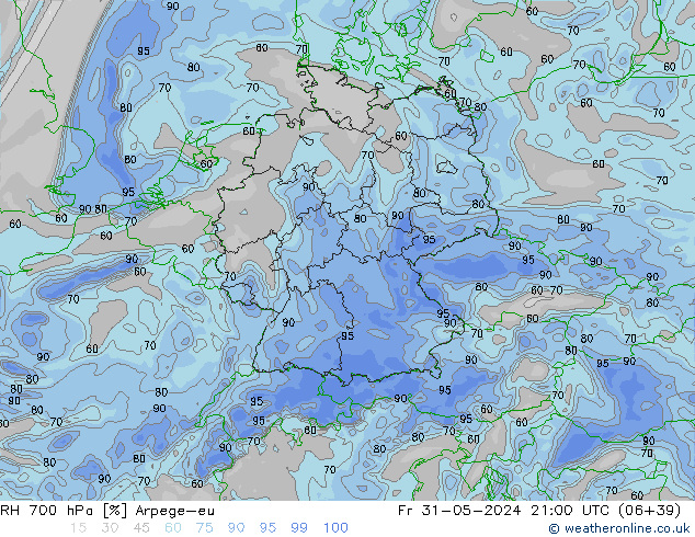 RH 700 hPa Arpege-eu Fr 31.05.2024 21 UTC