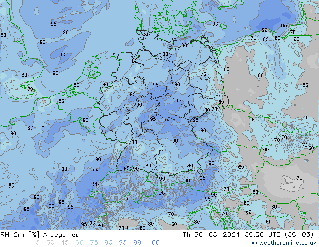 RH 2m Arpege-eu gio 30.05.2024 09 UTC