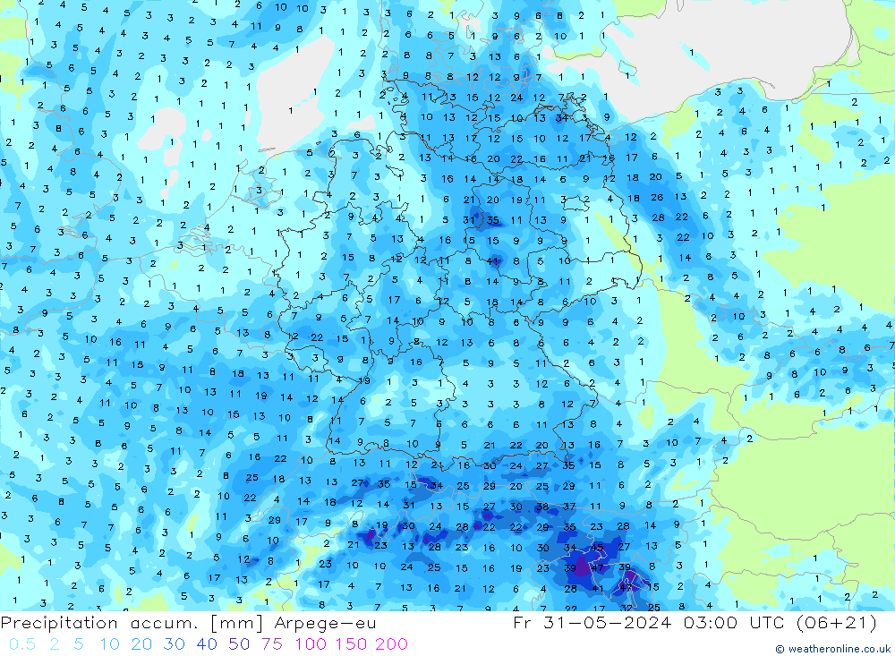 Precipitation accum. Arpege-eu Fr 31.05.2024 03 UTC