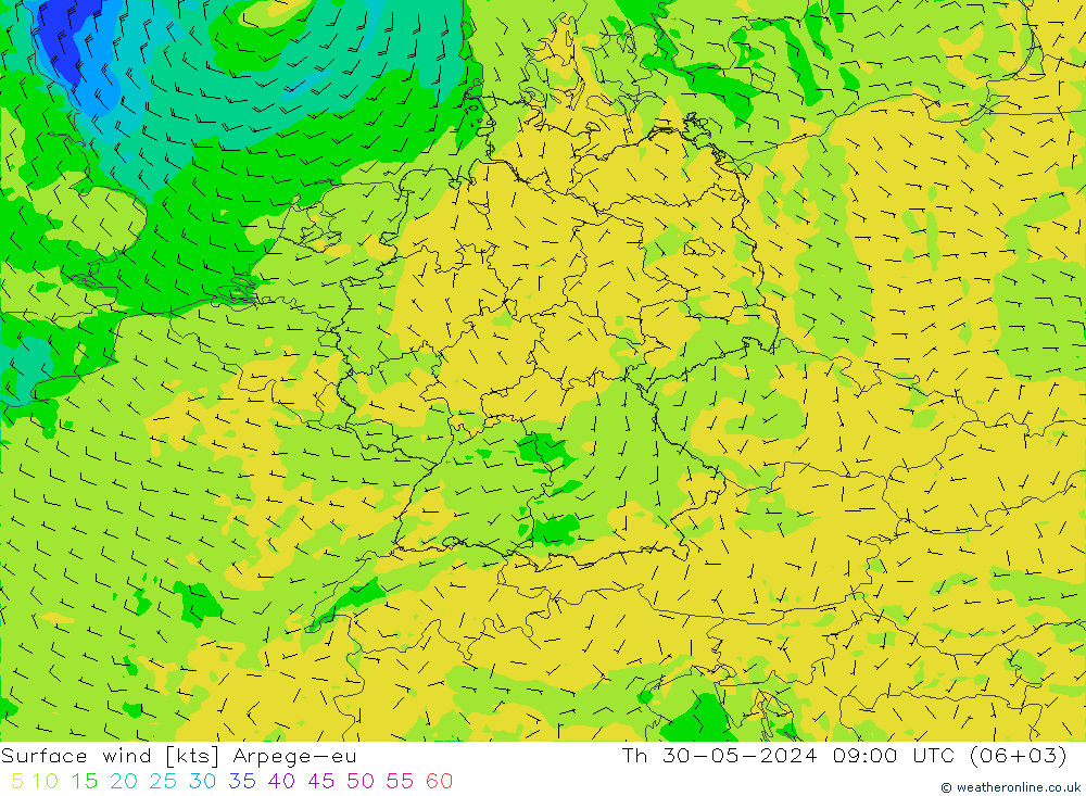 Surface wind Arpege-eu Th 30.05.2024 09 UTC