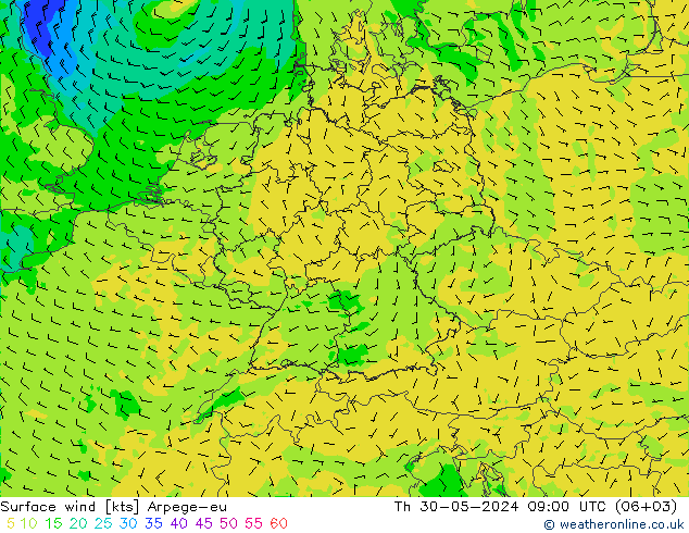 Surface wind Arpege-eu Th 30.05.2024 09 UTC