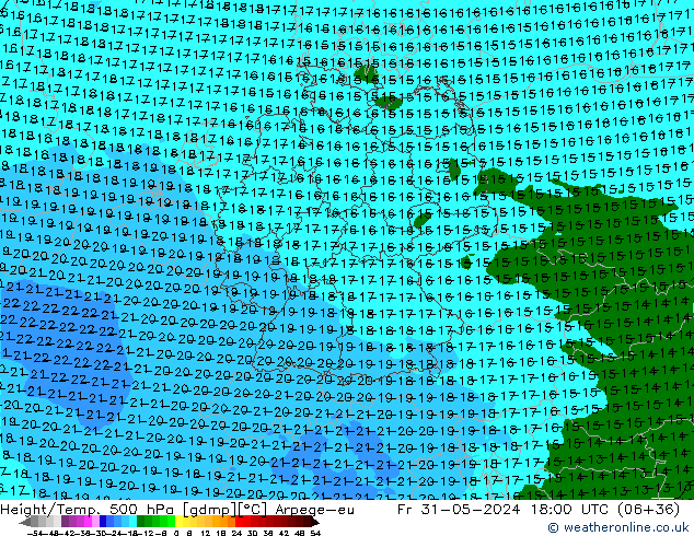 Height/Temp. 500 hPa Arpege-eu Pá 31.05.2024 18 UTC