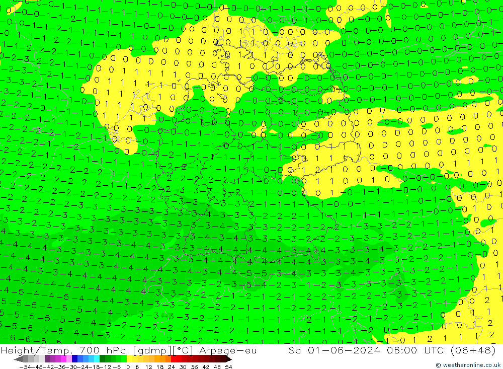 Height/Temp. 700 гПа Arpege-eu сб 01.06.2024 06 UTC