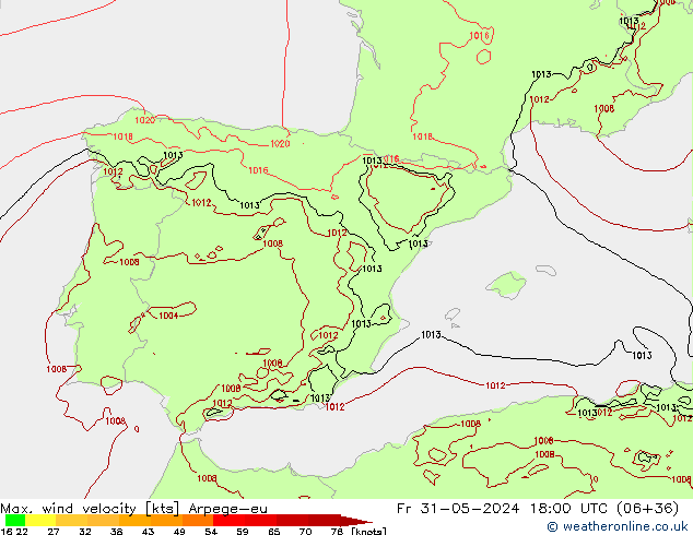 Max. wind velocity Arpege-eu pt. 31.05.2024 18 UTC