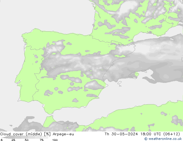 Cloud cover (middle) Arpege-eu Th 30.05.2024 18 UTC