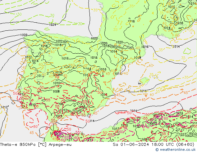Theta-e 850hPa Arpege-eu sab 01.06.2024 18 UTC