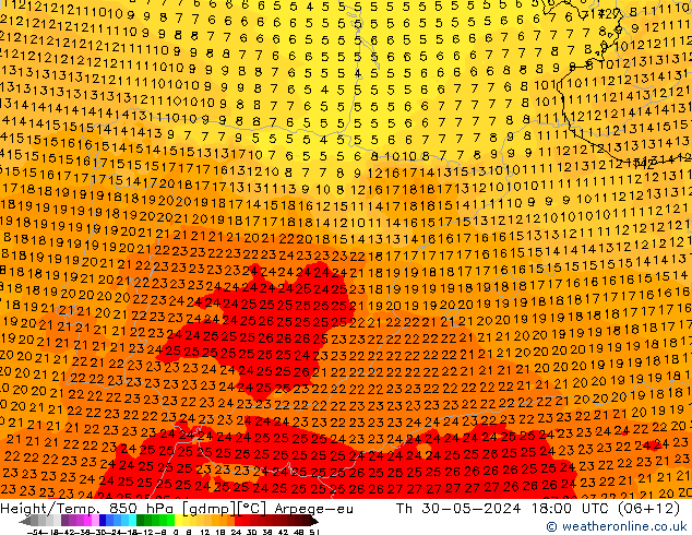 Height/Temp. 850 hPa Arpege-eu Th 30.05.2024 18 UTC