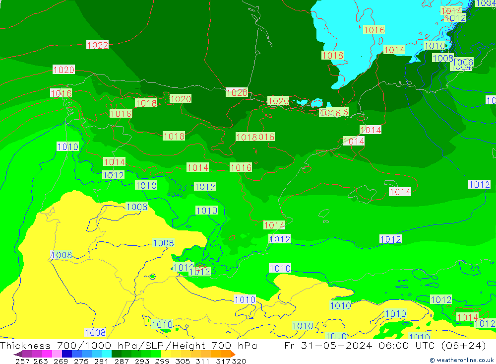 Thck 700-1000 hPa Arpege-eu pt. 31.05.2024 06 UTC