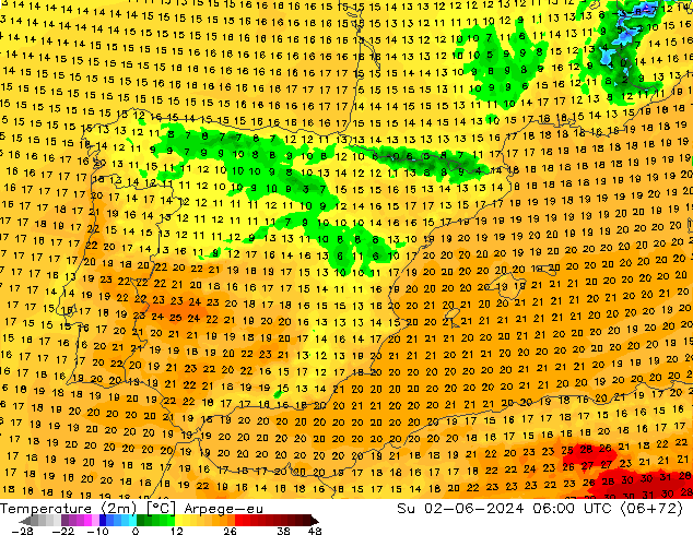 Temperature (2m) Arpege-eu Su 02.06.2024 06 UTC