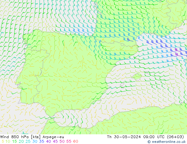 Wind 850 hPa Arpege-eu Čt 30.05.2024 09 UTC