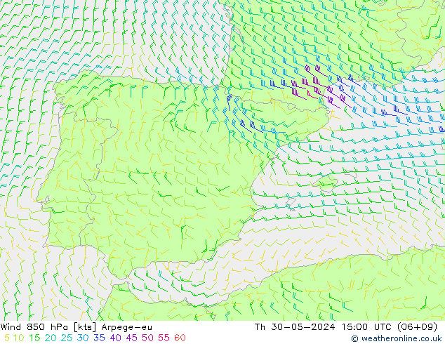 Wind 850 hPa Arpege-eu Čt 30.05.2024 15 UTC