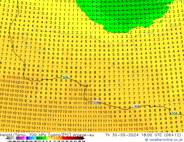 Height/Temp. 700 hPa Arpege-eu Th 30.05.2024 18 UTC