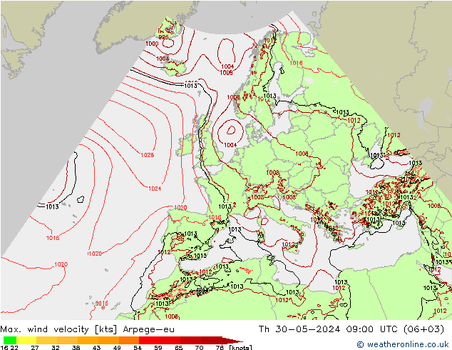 Max. wind velocity Arpege-eu jue 30.05.2024 09 UTC