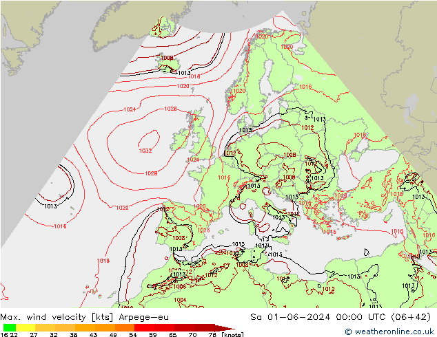 Max. wind velocity Arpege-eu Sa 01.06.2024 00 UTC
