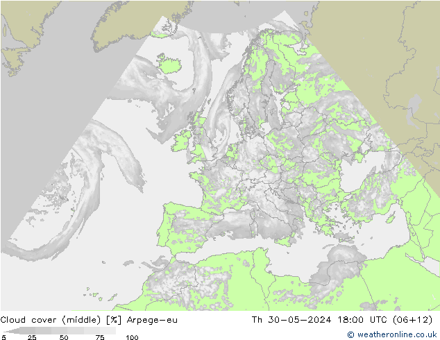 oblačnosti uprostřed Arpege-eu Čt 30.05.2024 18 UTC