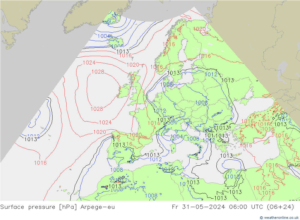 地面气压 Arpege-eu 星期五 31.05.2024 06 UTC