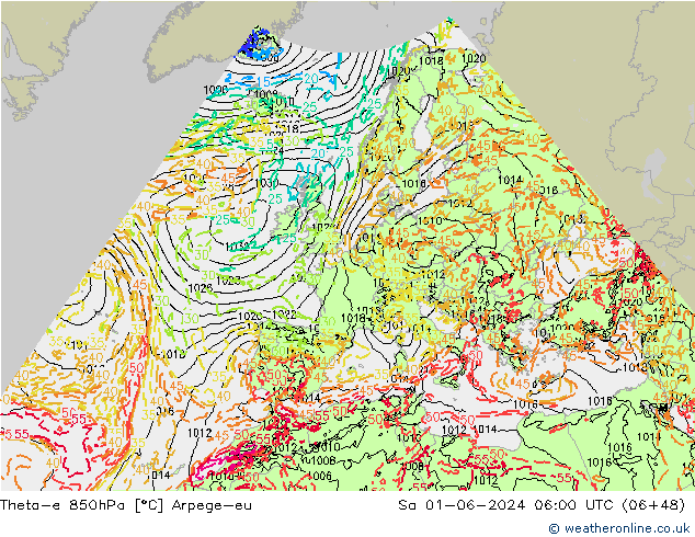 Theta-e 850hPa Arpege-eu Sa 01.06.2024 06 UTC