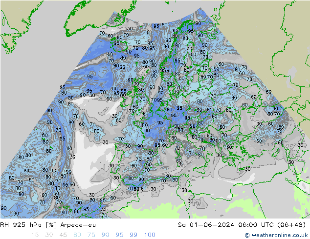 RH 925 hPa Arpege-eu so. 01.06.2024 06 UTC