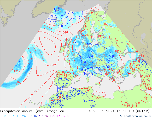 Totale neerslag Arpege-eu do 30.05.2024 18 UTC