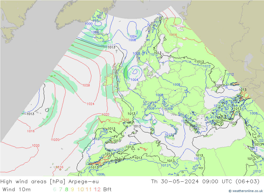 yüksek rüzgarlı alanlar Arpege-eu Per 30.05.2024 09 UTC