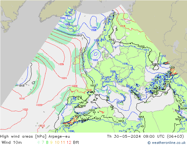 High wind areas Arpege-eu 星期四 30.05.2024 09 UTC