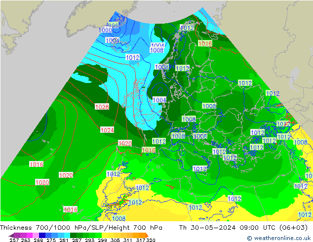 Thck 700-1000 hPa Arpege-eu 星期四 30.05.2024 09 UTC