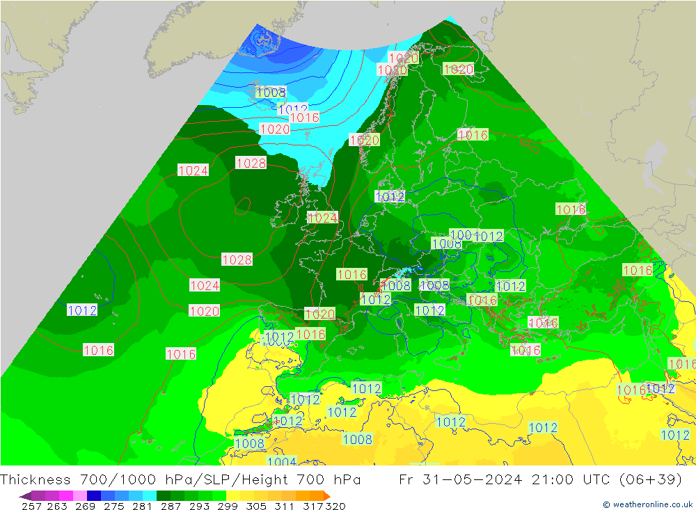 Thck 700-1000 hPa Arpege-eu Fr 31.05.2024 21 UTC