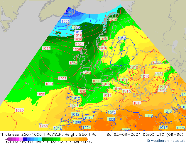 Schichtdicke 850-1000 hPa Arpege-eu So 02.06.2024 00 UTC