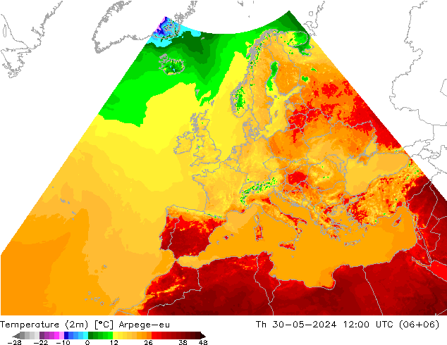 Temperature (2m) Arpege-eu Th 30.05.2024 12 UTC
