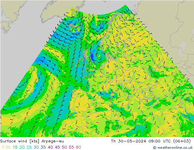 Surface wind Arpege-eu Th 30.05.2024 09 UTC