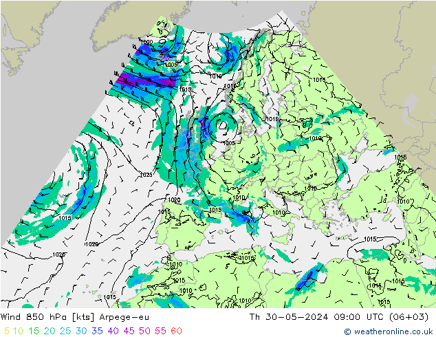 Wind 850 hPa Arpege-eu Th 30.05.2024 09 UTC