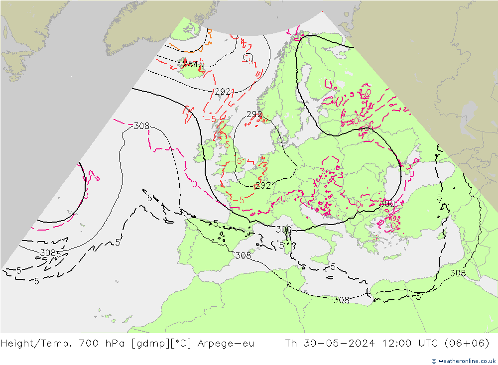 Height/Temp. 700 гПа Arpege-eu чт 30.05.2024 12 UTC