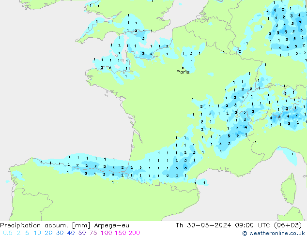 Precipitation accum. Arpege-eu Th 30.05.2024 09 UTC