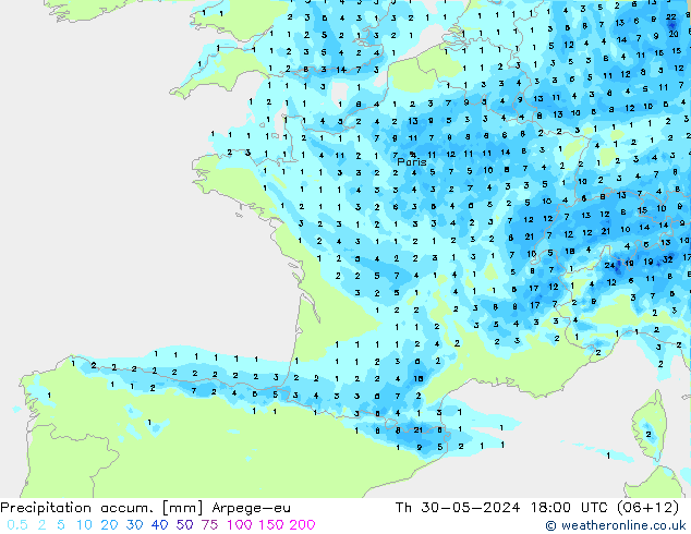 Precipitation accum. Arpege-eu Th 30.05.2024 18 UTC