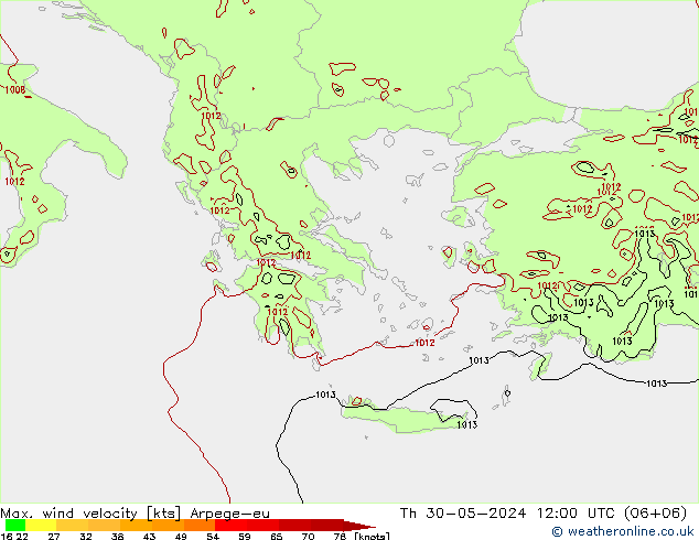 Max. wind velocity Arpege-eu Th 30.05.2024 12 UTC