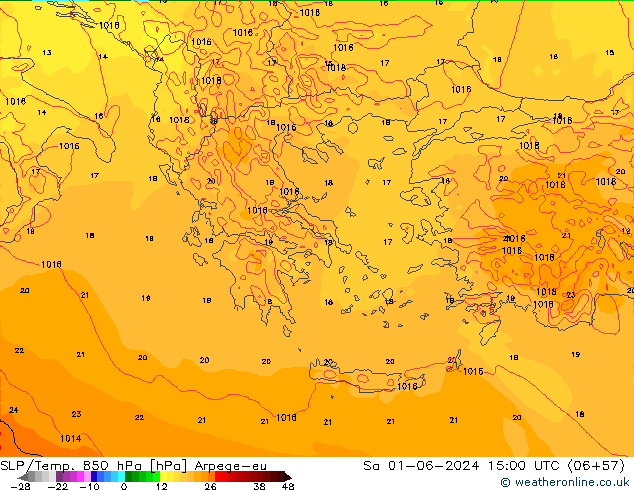 SLP/Temp. 850 гПа Arpege-eu сб 01.06.2024 15 UTC