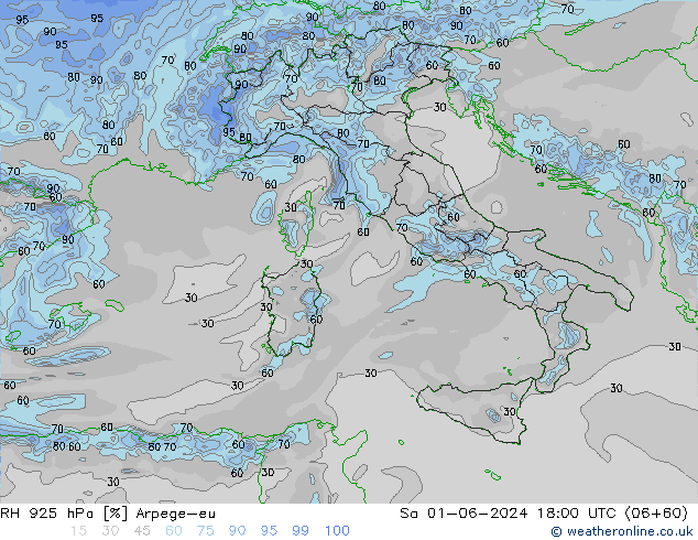 RH 925 hPa Arpege-eu Sa 01.06.2024 18 UTC