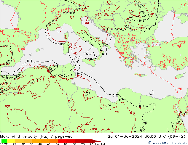 Max. wind velocity Arpege-eu sab 01.06.2024 00 UTC