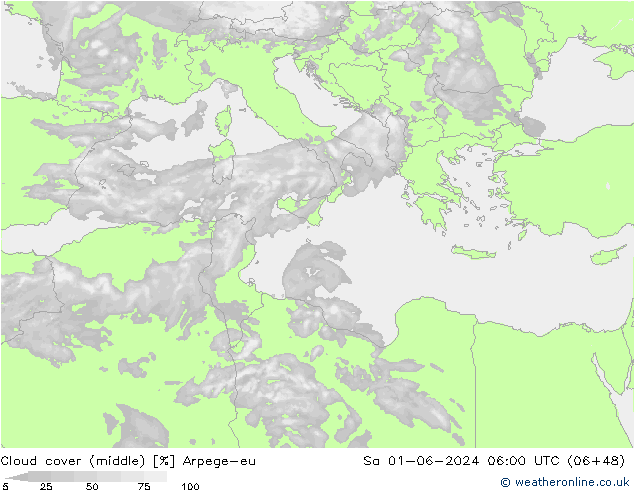 Cloud cover (middle) Arpege-eu Sa 01.06.2024 06 UTC